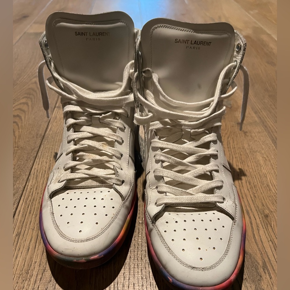Saint Laurent Men Off-White Calf Skin TyeDye Rainbow Sole High Top Sneakers